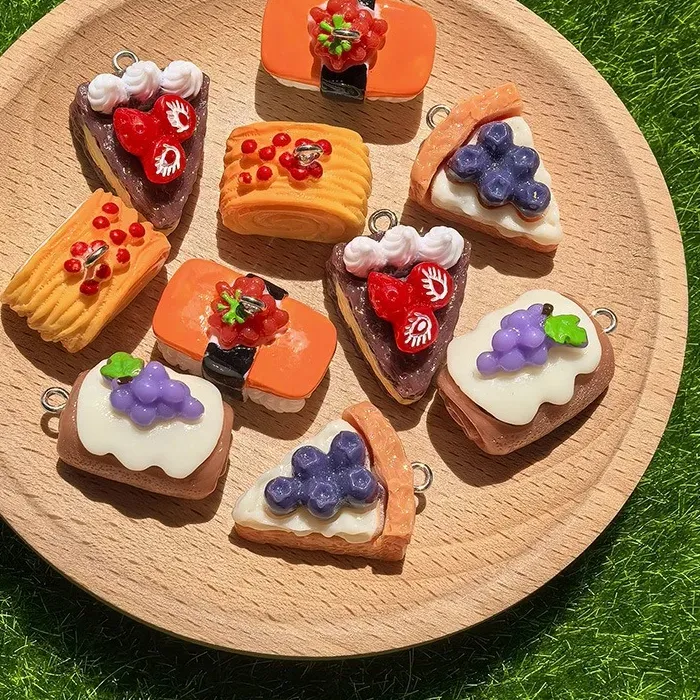 Authentic 10pcs Mixed Fruit Food Resin Charms Cake Sushi Grape Mini Pendants Jewelry Findings For DIY Necklace Earring Keychain Crafts