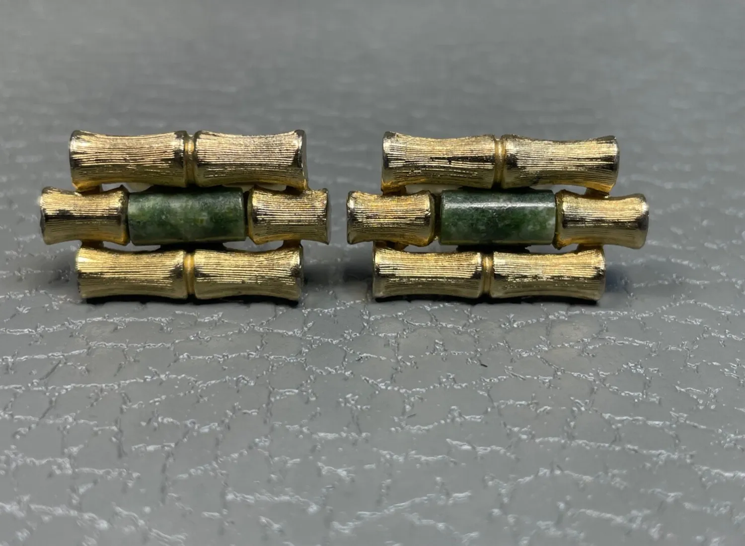 Authentic Vintage Jade Bamboo Yellow Gold Plated Cuff Links