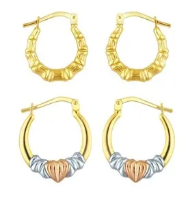 Authentic 18K Gold Plated Sterling Silver Bamboo & Heart Hoop Earrings 