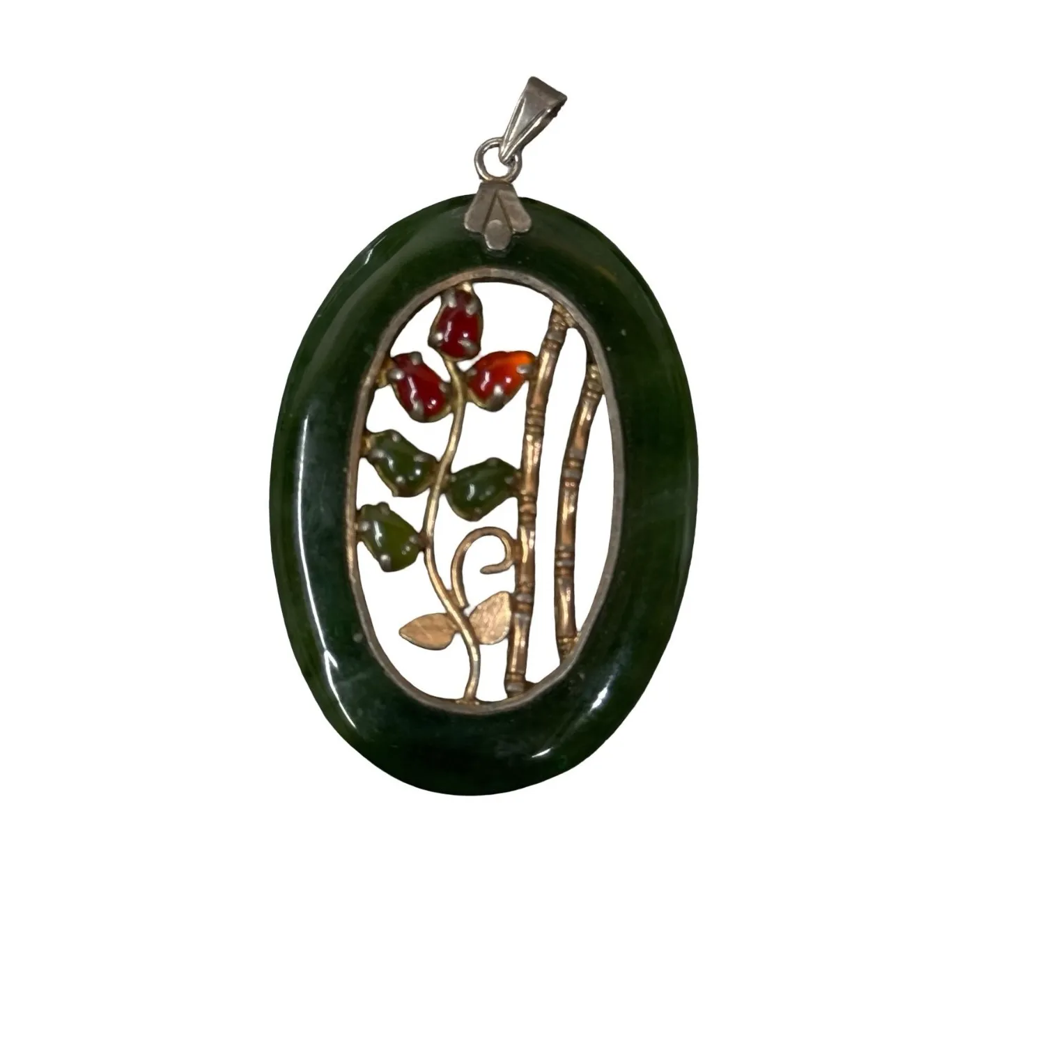 Authentic Vintage 80s Nephrite Jade Gold Plated Sterling Silver Pendant Flower Bamboo Oval