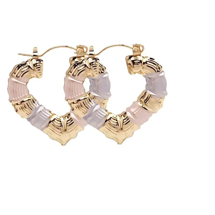 Authentic Women's Hugs & Kisses 18k Real Gold Plated Hoop Bamboo Earrings Heart Shaped 35m