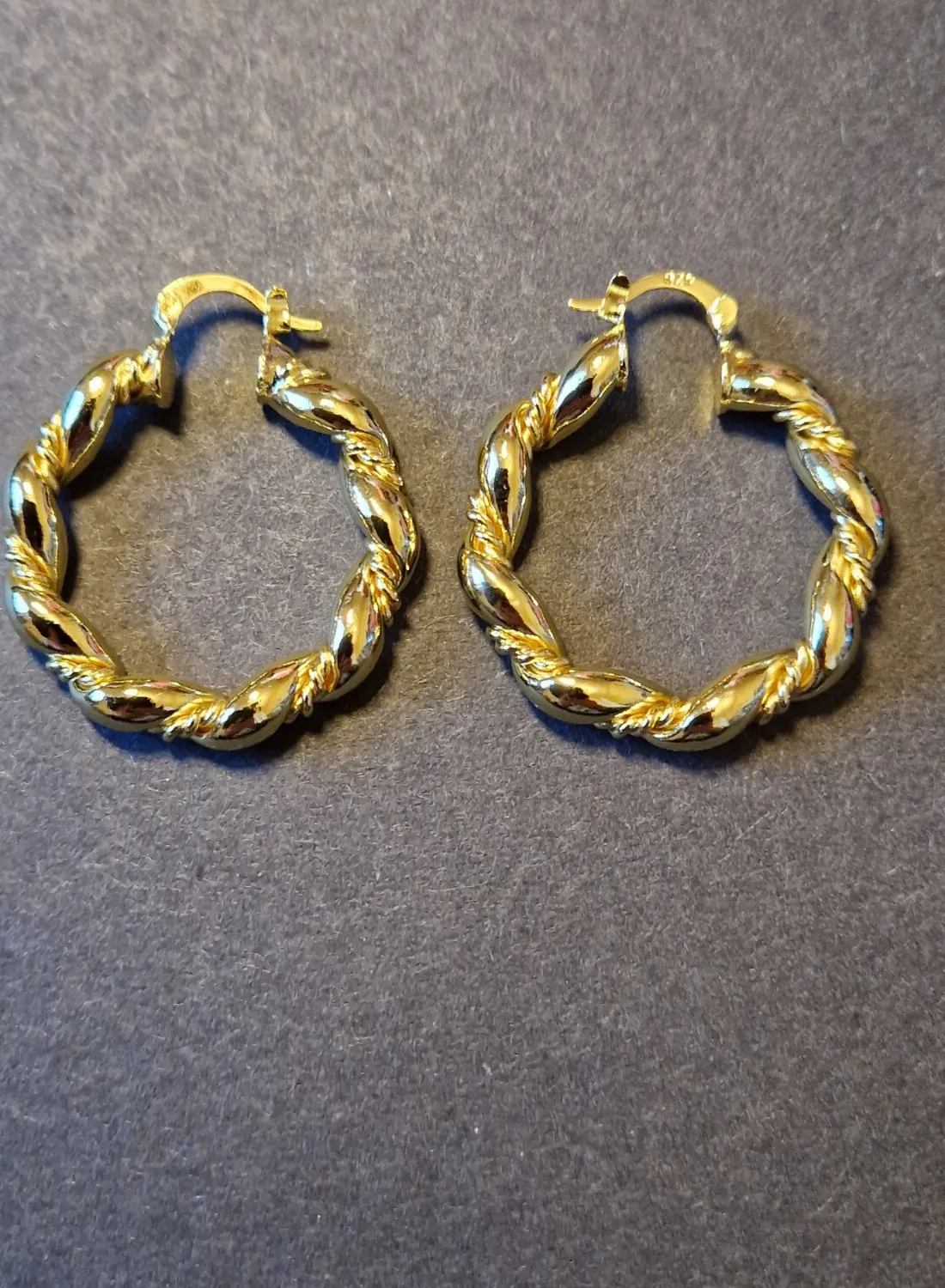 Authentic GOLD PLATED SILVER BAMBOO SHAPED 35MM ROUND EARRINGS & FREE GIFTBAG,