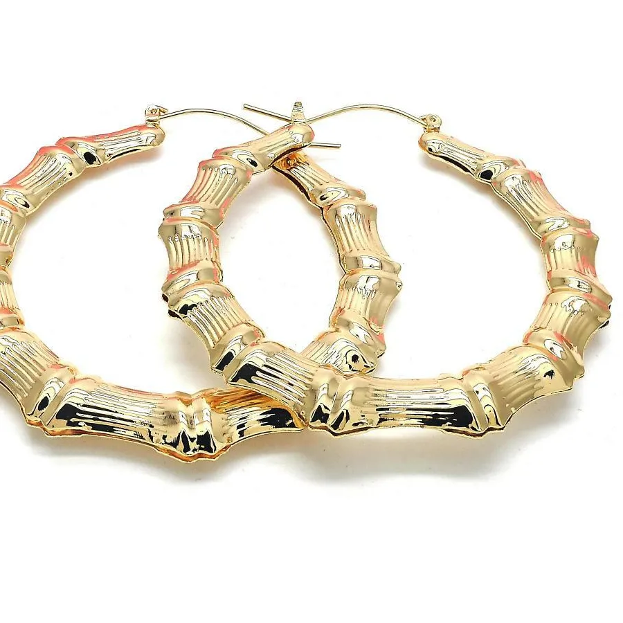 Authentic 14 K GOLD PLATED BAMBOO HOOP EARRINGS 60MM WITH SNAP IN CLOSING  LM139