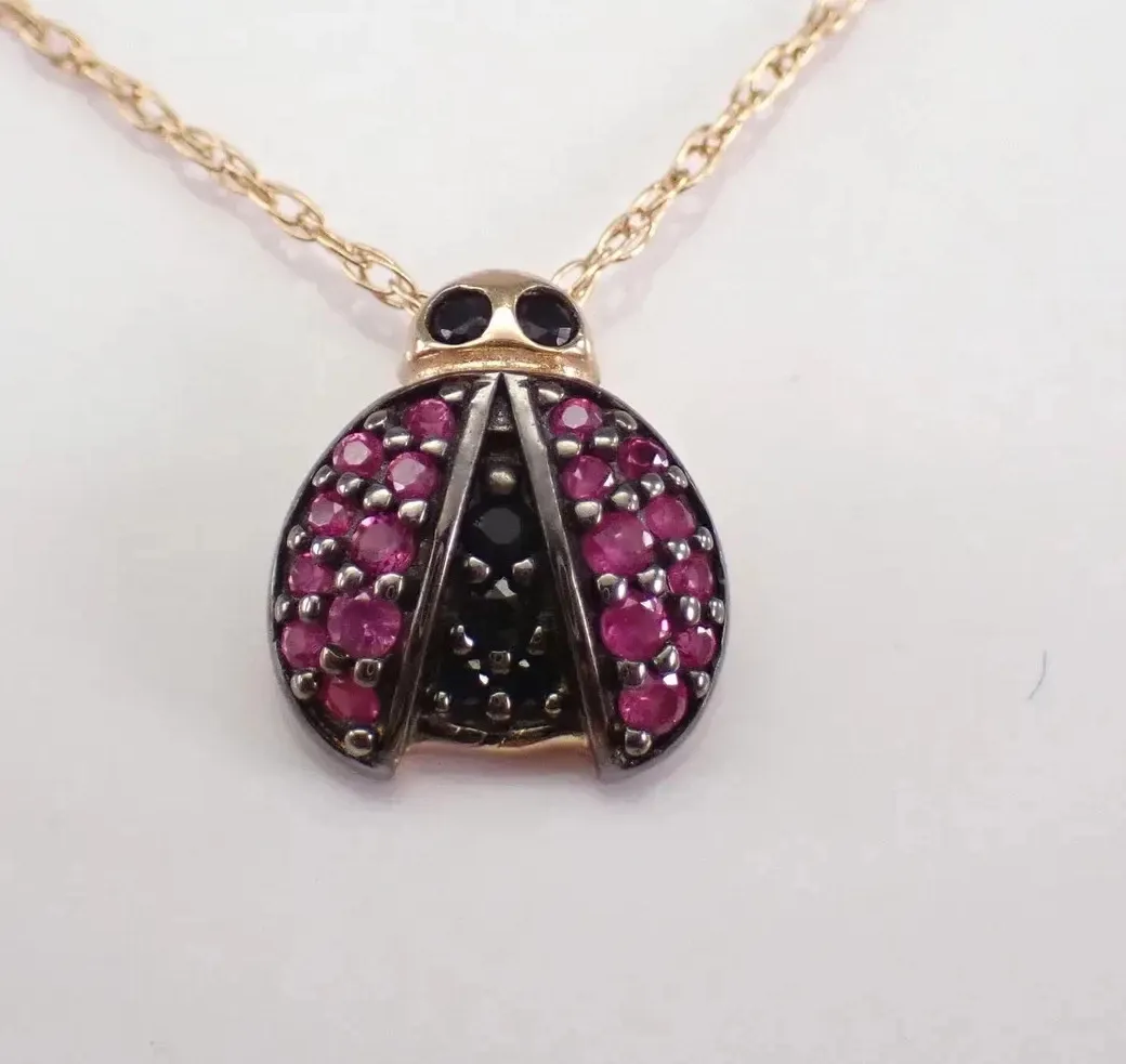 Authentic The Crimson Beetle of Grace: Lab-Created Pink Ruby Ladybug Talisman in 14K Two-Tone Gold