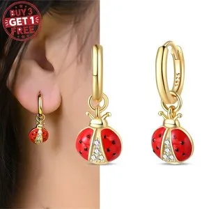 Authentic KUNSIR 925 Sterling Silver Gold Plated Ladybug Drop Earrings For Women Jewelry