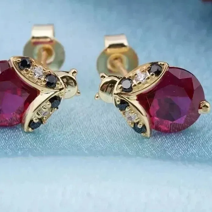 Authentic 3.0 Ct Round Simulated Ruby Stunning Ladybug Stud Earring 14k Yellow Gold Plated