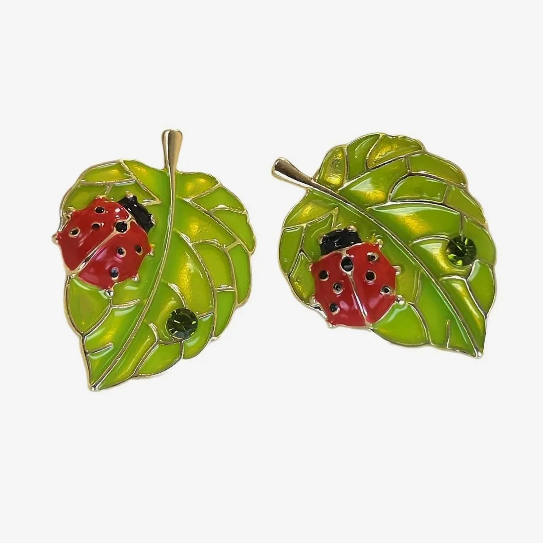 Authentic Colorful Handmade Enamel 3D Leaves and Ladybug Gold plated Stud Earrings 1pair