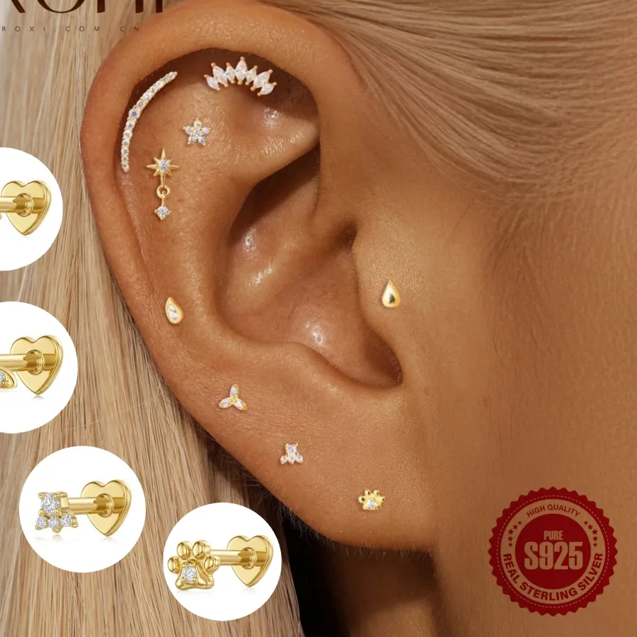 Authentic ROXI 1PC 925 Sterling Silver Flat Piercing Earring Clover Bear Paw Heart Base Studs Luxury Women Jewelry For Daily Dating