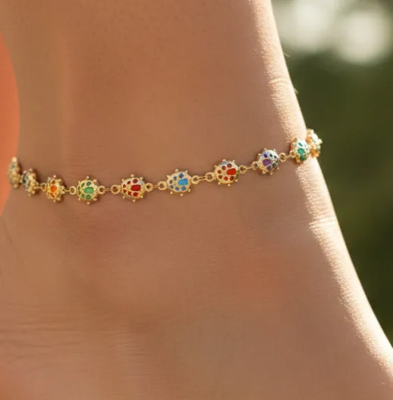 Authentic Chic Gold Tone Ladybug Anklet | 18K Gold Plated Charm Anklet | Boho