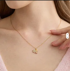 Authentic Clover Ladybug Flower Necklace CZ Charm Gold Plated Pendant