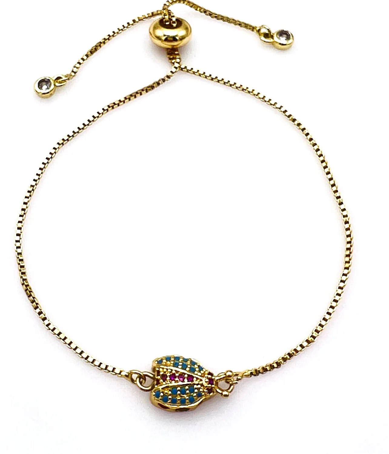 Authentic Gold Plated Pave Red Ruby Blue Spinel Ladybug Box Chain Bolo Bracelet