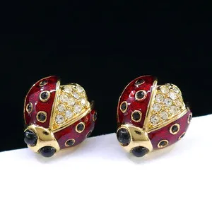 Authentic 2 SMALL KIRKS FOLLY RED BLACK ENAMEL CRYSTAL RHINESTONES GOLD PLATED LADYBUG PIN