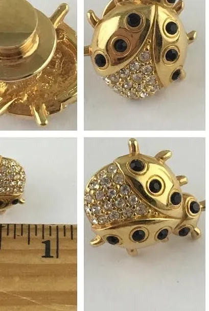 Authentic AUTHENTIC SWAROVSKI BLACK & WHITE CRYSTAL GOLD PLATED LADYBUG PIN SIGNED S.A.L.