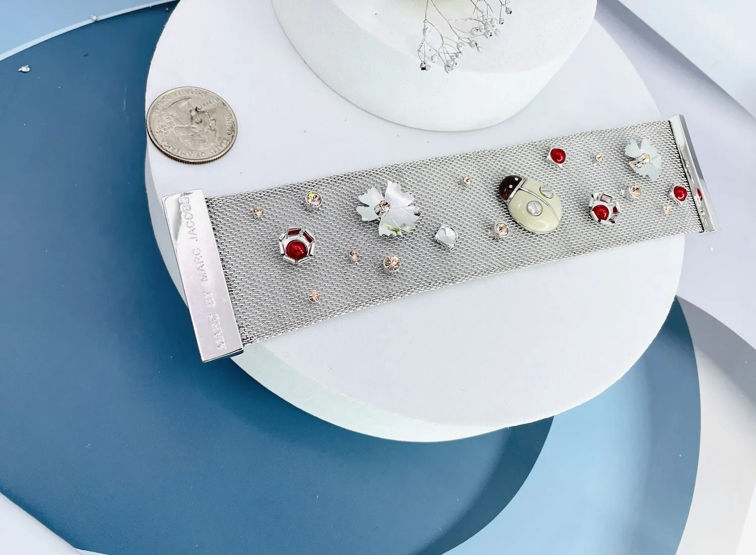 Authentic Marc Jacobs White Gold Plated Magnet ladybug flowers Crystals Pearls Bracelet
