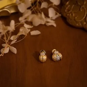 Authentic Ladybug Stud Earrings 925 Sterling Silver Simulated Zirconia Gold Plated Jewelry