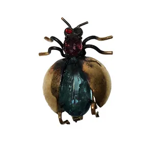 Authentic Vtg Czecho Gold Plated Ruby & Aquamarine Glass Gems Ladybug Pin Art