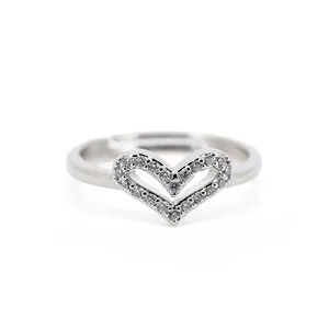 Authentic 18K Gold Plated V-Shaped Heart CZ Ring, Adjustable Wishbone Jewelry for Women