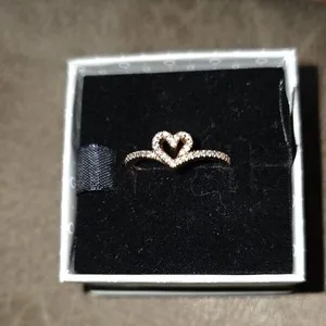 Authentic Pandora Rose Gold Plated 14k Sparkling Wishbone Heart Ring Size 7.5