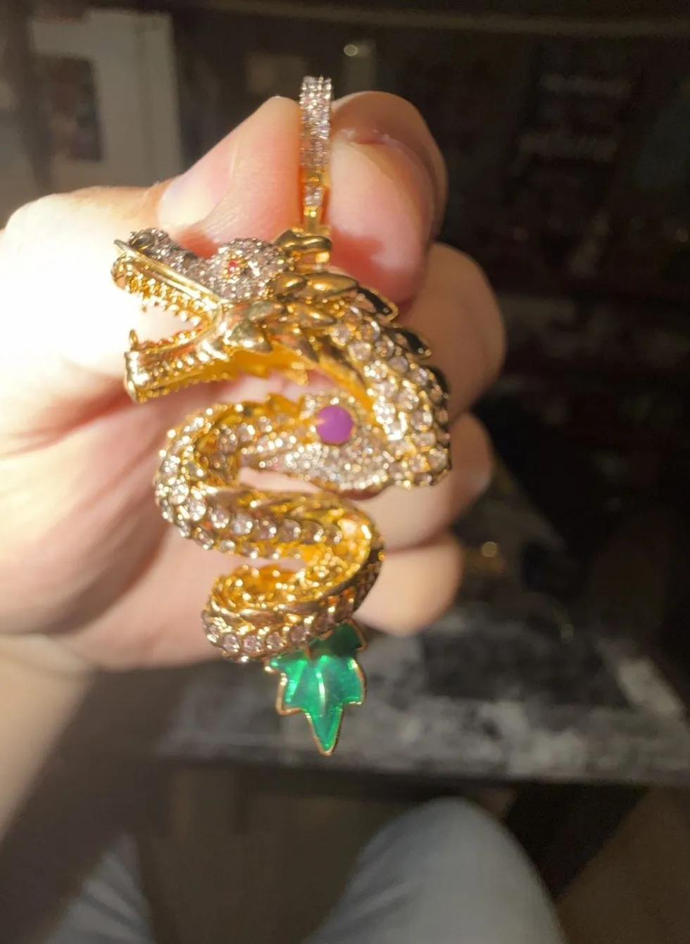 Authentic 14K Gold Plated Iced Out Chinese Dragon Pendant with Lab Simulated Stones