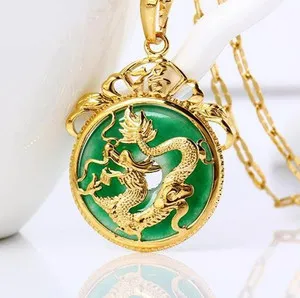Authentic 24K Gold Plated Dragon Pendant Malaysia Jade Jewelry Chain Necklace 7/8"
