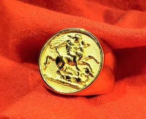 Authentic St George Slaying Dragon Gold Plated Ring Size 10 + Box