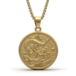 Authentic Dragon Pendant Necklace 18K Gold Plated Chinese Zodiac Medallion Hip Hop Jewelry