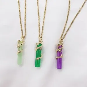 Authentic 18K Gold Plated Green Jade Dragon Pendant Necklace with Gold Plated Rope C