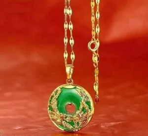 Authentic 24K Gold Plated Dragon Phoenix Pendant Malaysia Jade Jewelry Chain Necklace 1"
