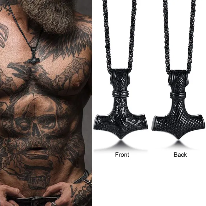 Authentic Mjolnir The Hammer Of Thor Norse Pagan Symbol Pendant Necklace Double Sided Dragon Design Viking Jewelry