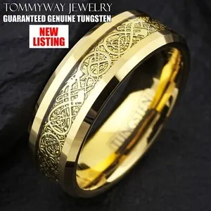 Authentic Tungsten Carbide Men's Gold Plated Celtic Dragon Wedding Band Ring