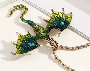 Authentic Fantasy Flying Dragon Inlaid Rhinestone Pendant Necklace Gold Plated