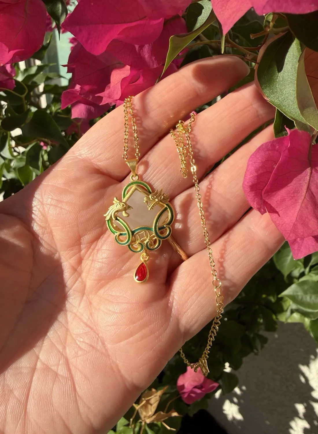 Authentic Celestial Dragon-Phoenix Jade Pendant - Gold-Plated Amulet of Rebirth and Protection