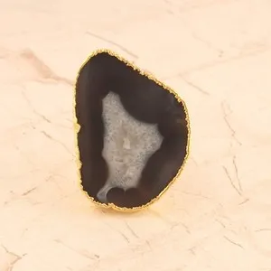 Authentic Celestial Gray Agate Dual‑Layer Gold Amulet Ring