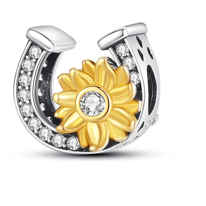 Authentic 925 Sterling Silver Sunflower K-gold Horseshoe Charm Beads For Women Fine DIY Anniversary Jewelry Gifts