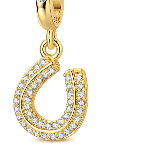 Authentic 925 Sterling Silver Charms Bead CZ Zircon Shimmering Gold Horseshoe Dangle Fit Original Bracelet DIY Women Jewelry