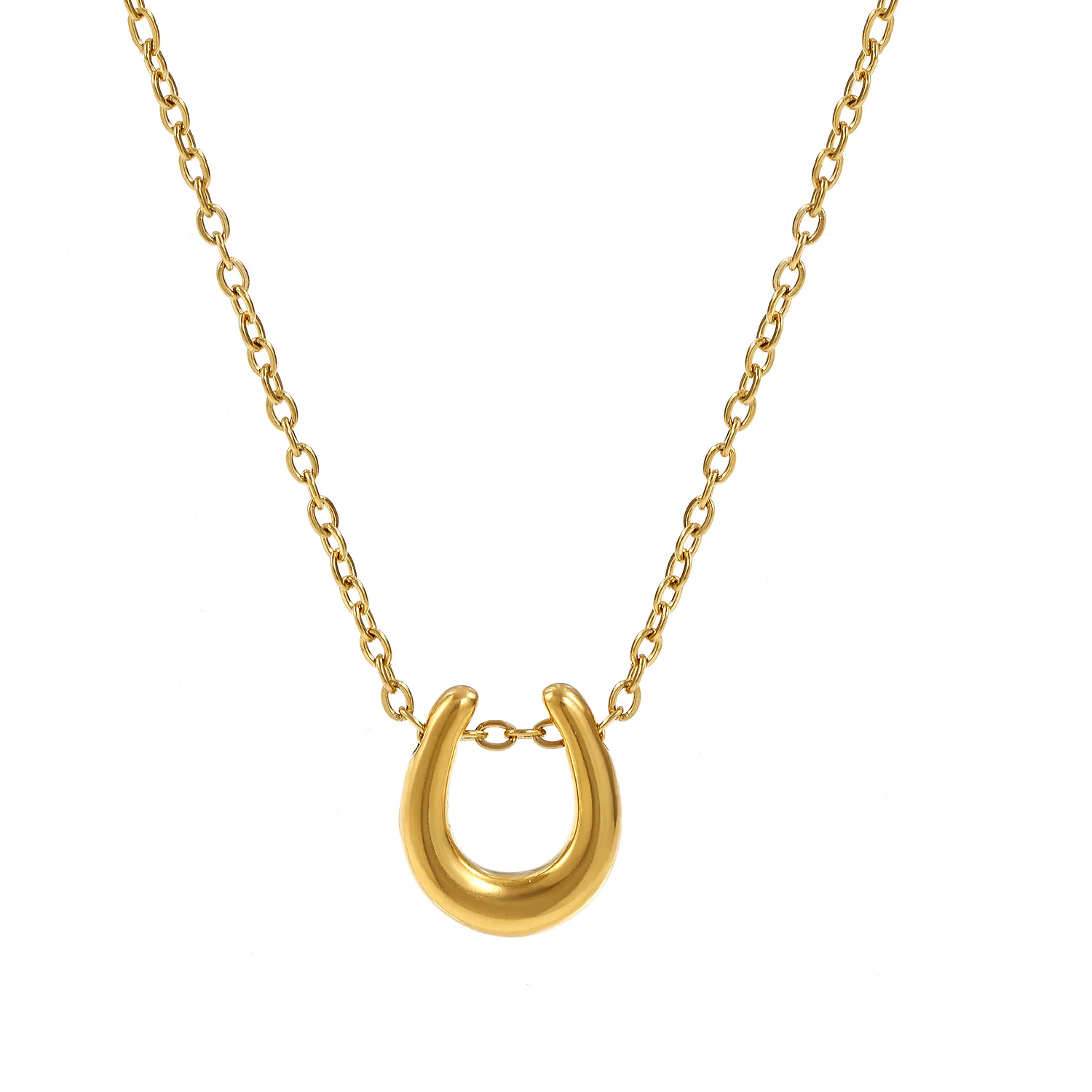 Authentic 304 Stainless Steel Pendant Necklace 18K Gold Plated Link Cable Chain Luck Horseshoe Charm 45cm + 5cm West Cowboy Jewelry Gift