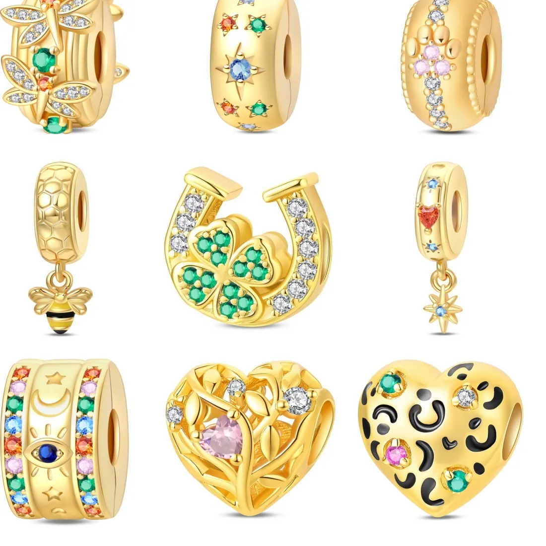 Authentic Original Charms Silver Plated Bead Gold Dragonfly Bee Horseshoe Four-leaf Fit Bracelets Bag Keychain Diy Women Accessory