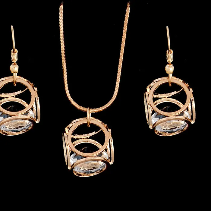 Authentic Gold Plated Necklace Dice Pendant Crystal Earrings Womens Jewelry Set