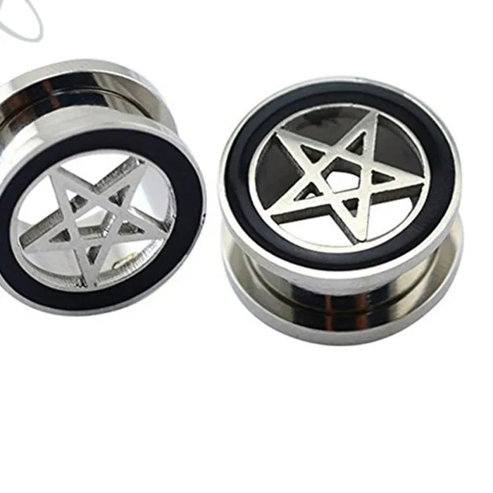 Authentic 1 Pair Double Flared Ear Tunnel Flesh Plugs Earrings Orelha Pentagram Star Gauges Earrings Body Piercing Jewelry