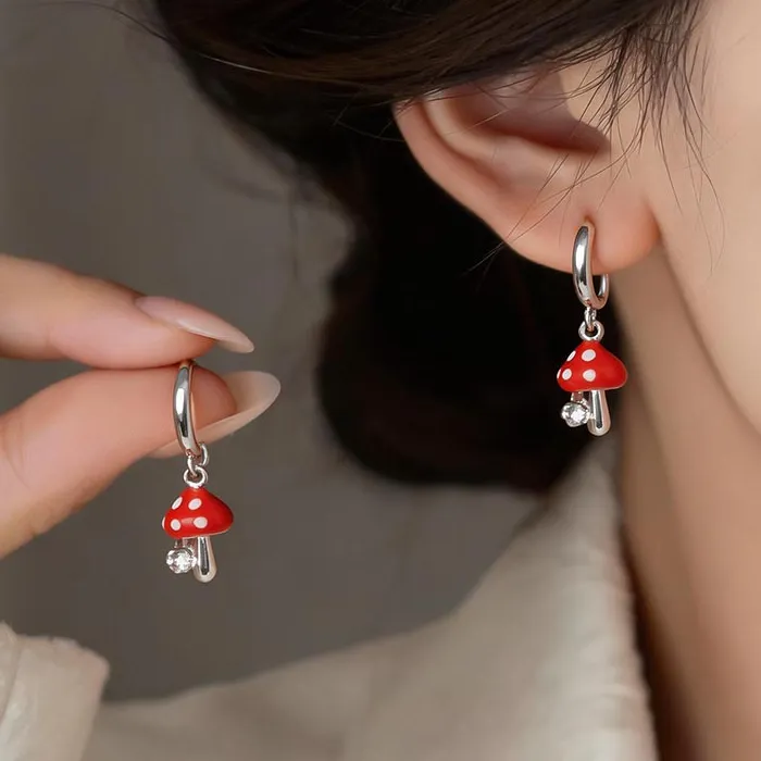 Authentic Scarlet Capricrice Mushroom Enamel & Zircon Huggie Talismans