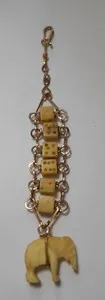 Authentic Unusual Carved Bovine Bone Dice and Elephant with gold plated wire Watch Fob