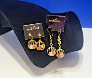 Authentic Vintage Caged Dice Dangle Earrings 14K Gold Plated Set of 2