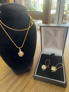 Authentic 16” Gold Plated Snake Chain And Matching Pull Thru Earrings With Dice Droppers