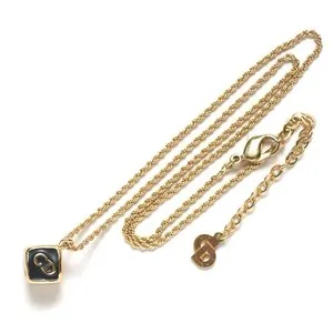 Authentic Christian Dior Vintage Necklace CD Logo Dice Cube Pendant Black Gold Plated