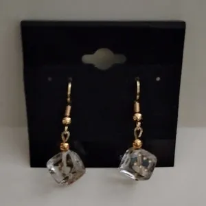 Authentic Gold Plated Dangle Drop Dice Earrings Clear Glass Cube Hook