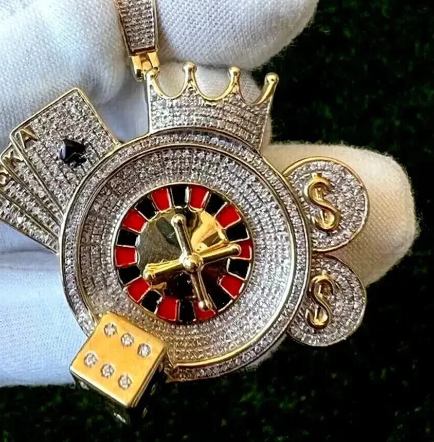 Authentic 3Ct Round Simulated Diamond Casino Dice Money Pendant 14k Yellow Gold Plated