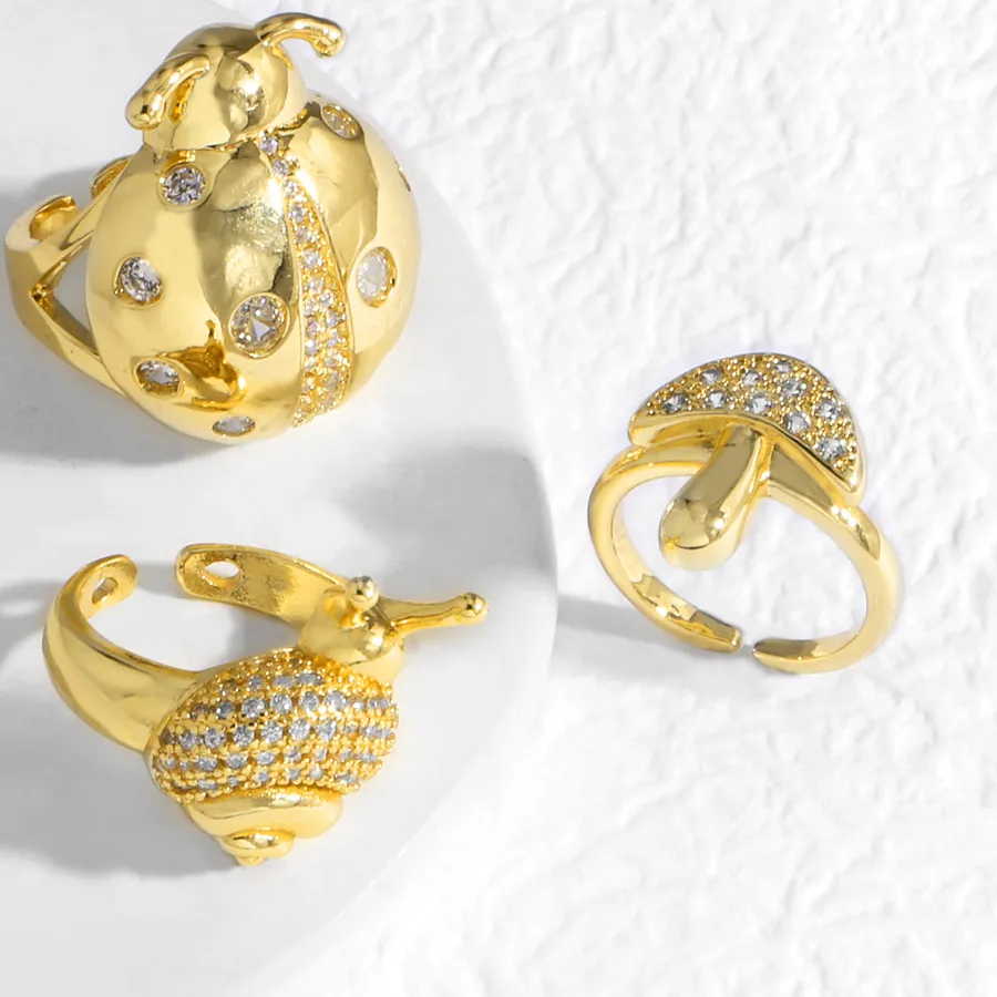 Authentic OCESRIO White Crystal Ladybug Snail Statement Women Rings Gold Plated Mushroom Open Ring Women Jewelry rigr64