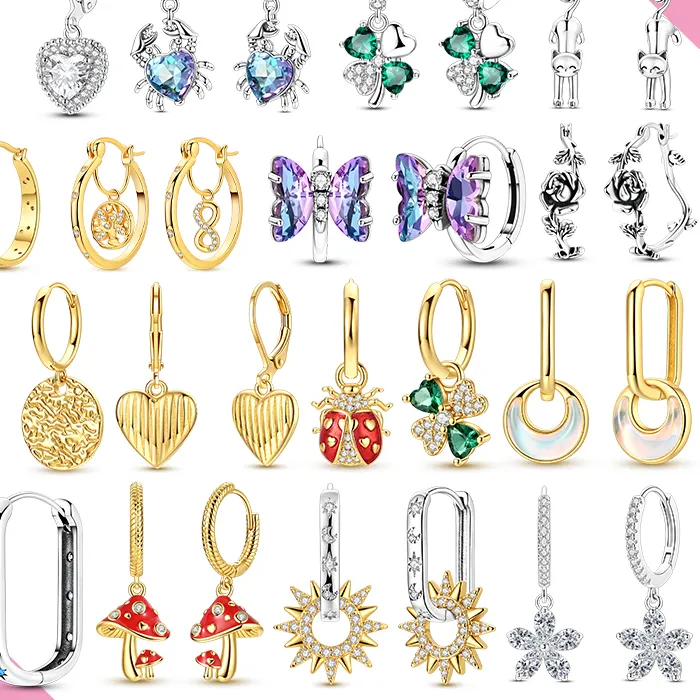 Authentic Original 925 Sterling Silver Hoop Earrings Gold Color Crab Ladybug Dreamcatcher Drop Earrings Women Jewelry