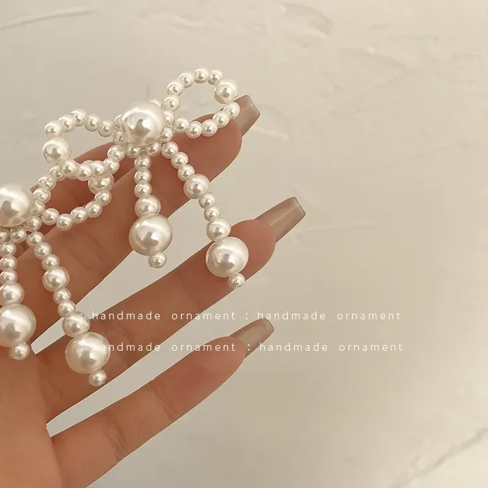 Authentic White Beaded Earrings Imitation Pearl Earrings Ear Clips Bowknot Long Tassel Pearl Clip on Earrings Non Piercing Ear Jewelry