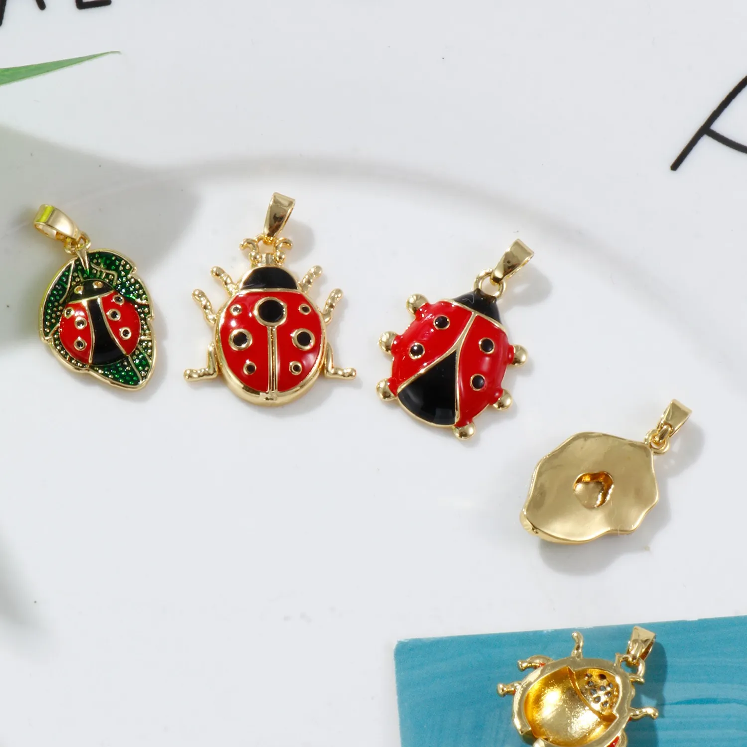 Authentic 2 PCs Insect Charm Pendant Gold Plated Red Ladybug Animal Enamel Pendants Earrings Necklace Findings for Women